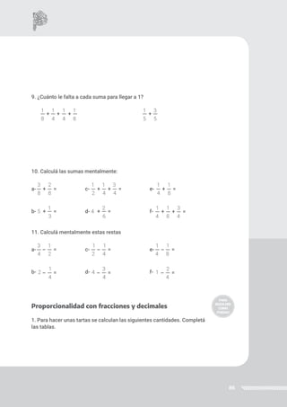 86
9. ¿Cuánto le falta a cada suma para llegar a 1?
1 1 1 1 1 3
8 4 4 8 5 5
10. Calculá las sumas mentalmente:
3 2 1 1 3 1 1
8 8 2 4 4 4 8
5
1
4
2 1 1 3
3 6 4 8 4
11. Calculá mentalmente estas restas
3 1 1 1 1 1
4 2 2 4 4 8
2
1
4
3
1
2
4 4 4
Proporcionalidad con fracciones y decimales
1. Para hacer unas tartas se calculan las siguientes cantidades. Completá
las tablas.
+
+
– – –
–
–
–
+
+
+
+
+
+
=
= =
=
=
=
=
=
=
=
=
=
+ +
+ +
a-
b-
a-
b-
c-
d-
c-
d-
e-
f-
e-
f-
 