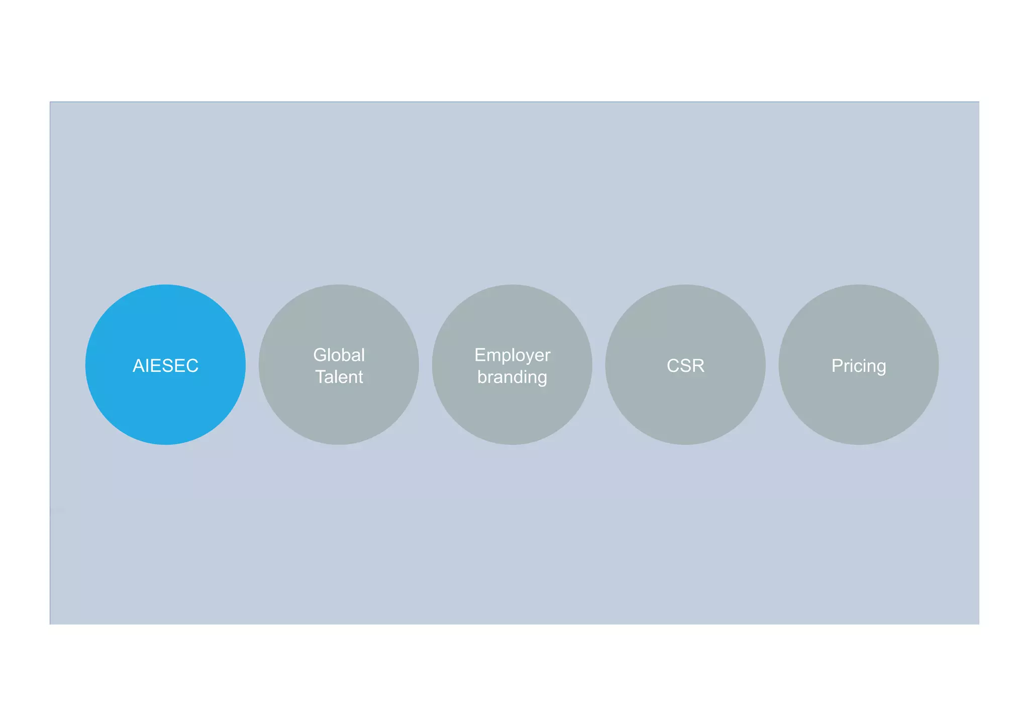 3
AIESEC
Global
Talent
Employer
branding	
  
CSR	
   Pricing	
  
 