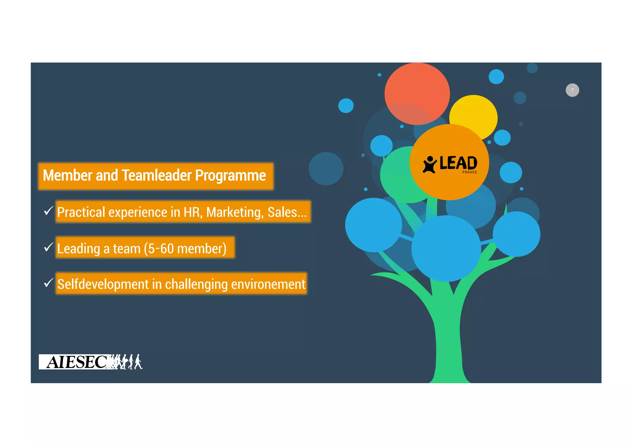 7
Member and Teamleader Programme
! Practical experience in HR, Marketing, Sales...
! Leading a team (5-60 member)
! Selfdevelopment in challenging environement
 