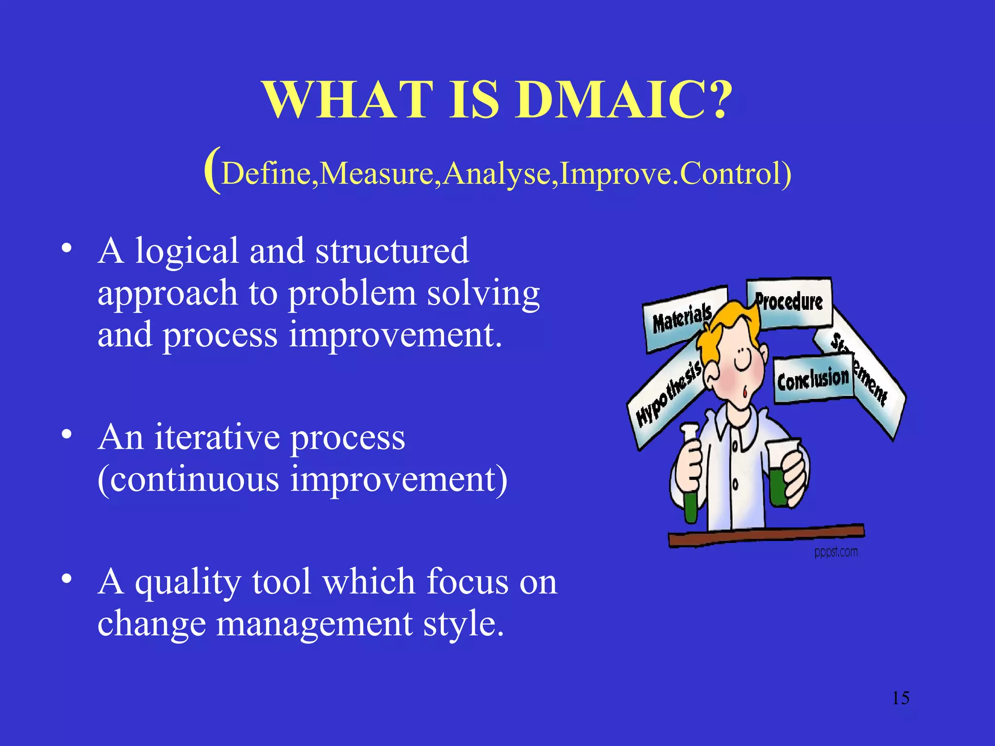 15
WHAT IS DMAIC?
(Define,Measure,Analyse,Improve.Control)
• A logical and structured
approach to problem solving
and process improvement.
• An iterative process
(continuous improvement)
• A quality tool which focus on
change management style.
 