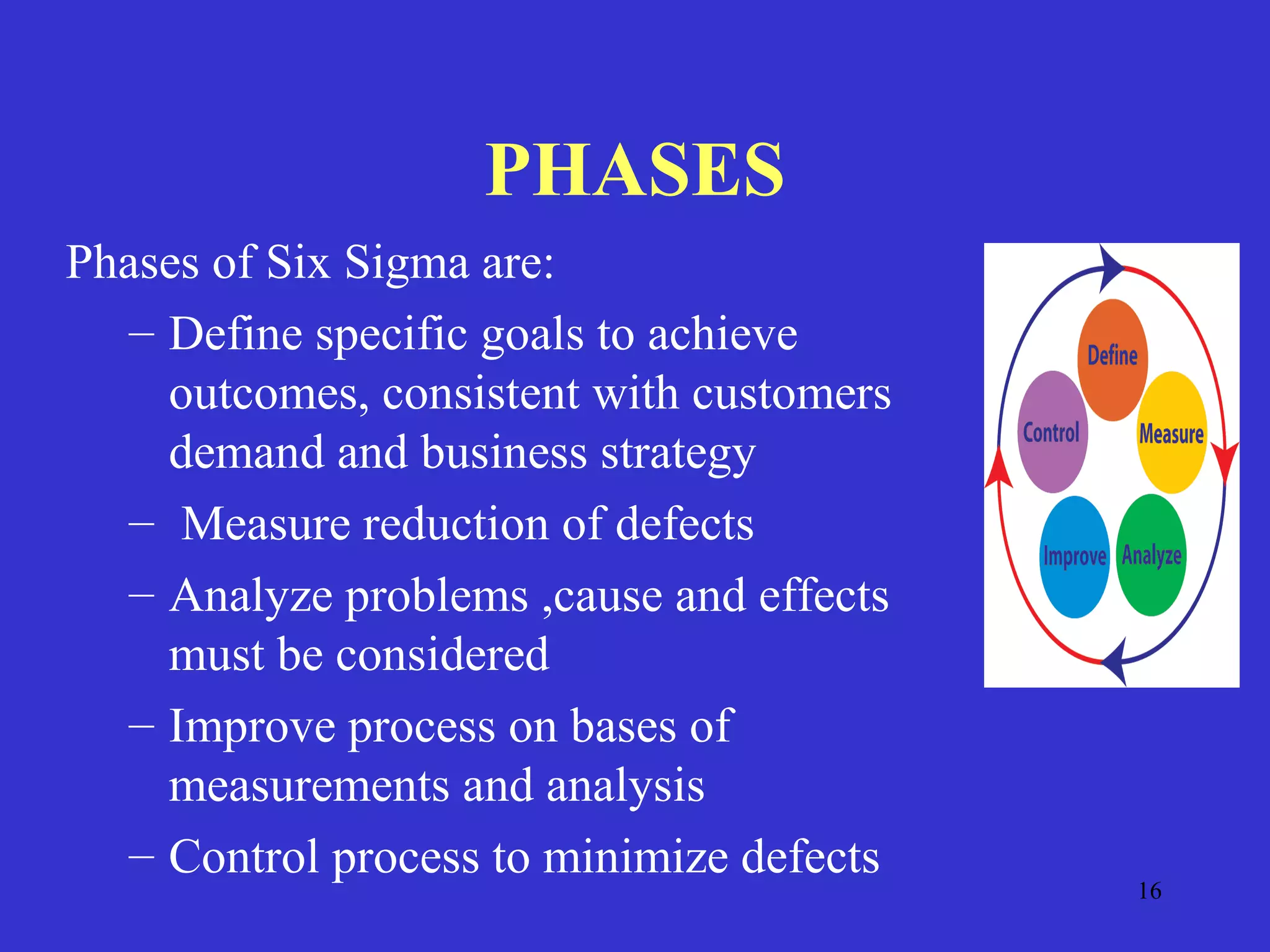 16
PHASES
Phases of Six Sigma are:
– Define specific goals to achieve
outcomes, consistent with customers
demand and business strategy
– Measure reduction of defects
– Analyze problems ,cause and effects
must be considered
– Improve process on bases of
measurements and analysis
– Control process to minimize defects
 