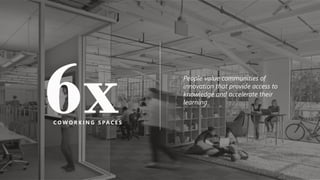 People value communities of
innovation that provide access to
knowledge and accelerate their
learning
C O W O R K I N G S PA C E S
 