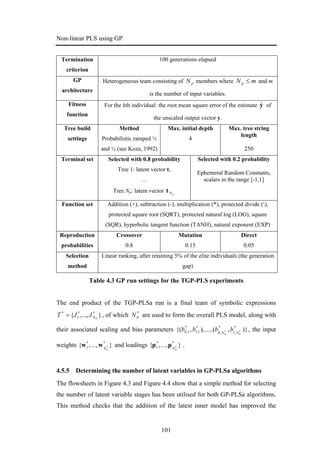 Non-linear PLS using GP
101
Termination
criterion
100 generations elapsed
GP
architecture
Heterogeneous team consisting of pN members where mN p ≤ and m
is the number of input variables.
Fitness
function
For the kth individual: the root mean square error of the estimate yˆ of
the unscaled output vector y.
Tree build
settings
Method
Probabilistic ramped ½
and ½ (see Koza, 1992)
Max. initial depth
4
Max. tree string
length
250
Terminal set Selected with 0.8 probability
Tree 1: latent vector t1
…
Tree Np: latent vector pNt
Selected with 0.2 probability
Ephemeral Random Constants,
scalars in the range [-1,1]
Function set Addition (+), subtraction (-), multiplication (*), protected divide (),
protected square root (SQRT), protected natural log (LOG), square
(SQR), hyperbolic tangent function (TANH), natural exponent (EXP)
Reproduction
probabilities
Crossover
0.8
Mutation
0.15
Direct
0.05
Selection
method
Linear ranking, after retaining 5% of the elite individuals (the generation
gap)
Table 4.3 GP run settings for the TGP-PLS experiments
The end product of the TGP-PLSa run is a final team of symbolic expressions
},...,{ **
1
*
PNJJT = , of which *
lvN are used to form the overall PLS model, along with
their associated scaling and bias parameters )},(,...),,{( *
,1
*
,0
*
1,1
*
1,0 **
lvlv NN
bbbb , the input
weights },...,{ **
1 *
lvN
ww and loadings },...,{ **
1 *
lvN
pp .
4.5.5 Determining the number of latent variables in GP-PLSa algorithms
The flowsheets in Figure 4.3 and Figure 4.4 show that a simple method for selecting
the number of latent variable stages has been utilised for both GP-PLSa algorithms.
This method checks that the addition of the latest inner model has improved the
 