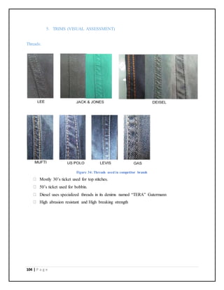 104 | P a g e
5. TRIMS (VISUAL ASSESSMENT)
Threads:
Figure 34: Threads used in competitor brands
Mostly 30’s ticket used for top stitches.
50’s ticket used for bobbin.
Diesel uses specialized threads in its denims named “TERA” Gutermann
High abrasion resistant and High breaking strength
 