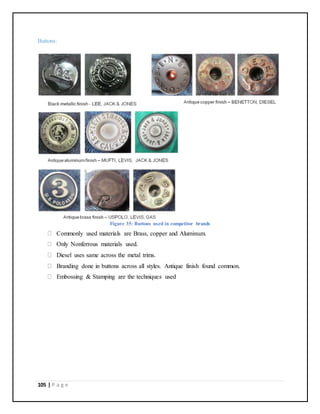 105 | P a g e
Buttons:
`
Figure 35: Buttons used in competitor brands
Commonly used materials are Brass, copper and Aluminum.
Only Nonferrous materials used.
Diesel uses same across the metal trims.
Branding done in buttons across all styles. Antique finish found common.
Embossing & Stamping are the techniques used
 