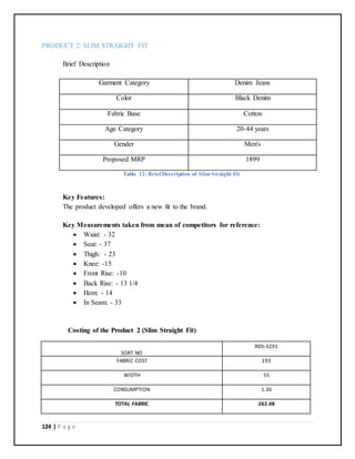 124 | P a g e
PRODUCT 2: SLIM STRAIGHT FIT
Brief Description
Garment Category Denim Jeans
Color Black Denim
Fabric Base Cotton
Age Category 20-44 years
Gender Men's
Proposed MRP 1899
Table 12: Brief Description of Slim Straight Fit
Key Features:
The product developed offers a new fit to the brand.
Key Measurements taken from mean of competitors for reference:
 Waist: - 32
 Seat: - 37
 Thigh: - 23
 Knee: -15
 Front Rise: -10
 Back Rise: - 13 1/4
 Hem: - 14
 In Seam: - 33
Costing of the Product 2 (Slim Straight Fit)
SORT NO
RDS-3291
FABRIC COST 193
WIDTH 55
CONSUMPTION 1.36
TOTAL FABRIC 262.48
 