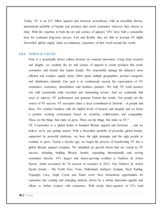 45 | P a g e
Today, VF is an $12 billion apparel and footwear powerhouse, with an incredibly diverse,
international portfolio of brands and products that reach consumers wherever they choose to
shop. With the expertise in both the art and science of apparel, VFC have built a sustainable
base for continued long-term success. Fast and flexible, they are able to leverage VF highly
diversified global supply chain as continuous expansion of their reach around the world.
2.5.1 VISION & VALUES
Ours is a perpetually driven culture, focused on constant innovation. Using deep research
and insights, we combine the art and science of apparel to create products that excite
consumers and brands that inspire loyalty. We responsibly manage the industry's most
efficient and complex supply chain, which spans multiple geographies, product categories
and distribution channels. Our goal is to continuously exceed the expectations of VF
consumers, customers, shareholders and business partners. We help VF retail partners
win with consistently solid execution and outstanding service. And we continually find
ways to improve VF performance and generate bottom line results. Our people are the
source of VF success. VF associates share a deep commitment to diversity - in people and
ideas. We conduct business with the highest levels of honesty and integrity and we foster
a positive working environment based on creativity, collaboration, and congeniality.
These are the things that make us great. These are the things that make us VF."
VF Corporation is a global leader in branded lifestyle apparel and footwear ... and we
believe we're just getting started. With a diversified portfolio of powerful, global brands,
supported by powerful platforms, we have the right strategies and the right people to
continue to grow. Nearly a decade ago, we began the process of transforming VF into a
global lifestyle apparel company. We identified six growth drivers that are crucial to VF
success, including building lifestyle brands, expanding internationally and serving
consumers directly. VF's largest and fastest-growing coalition is Outdoor & Action
Sports, which accounted for 54 percent of revenues in 2012. Our Outdoor & Action
Sports brands - The North Face, Vans, Timberland, JanSport, Eastpak, Reef, Kipling,
Napapijri, Lucy, Eagle Creek and Smart wool- have tremendous opportunities for
expansion into existing and emerging markets, driven by a robust innovation agenda and
efforts to further connect with consumers. With nearly three-quarters of VF's total
 