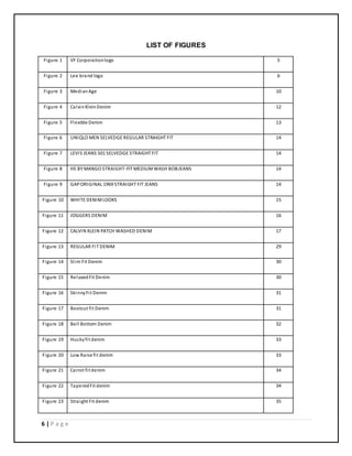 6 | P a g e
LIST OF FIGURES
Figure 1 VF Corporationlogo 5
Figure 2 Lee brand logo 6
Figure 3 MedianAge 10
Figure 4 CalvinKleinDenim 12
Figure 5 Flexible Denim 13
Figure 6 UNIQLO MEN SELVEDGE REGULAR STRAIGHT FIT 14
Figure 7 LEVIS JEANS 501 SELVEDGE STRAIGHT FIT 14
Figure 8 HE BY MANGO STRAIGHT-FIT MEDIUMWASH BOBJEANS 14
Figure 9 GAPORIGINAL 1969 STRAIGHT FIT JEANS 14
Figure 10 WHITE DENIMLOOKS 15
Figure 11 JOGGERS DENIM 16
Figure 12 CALVIN KLEIN PATCH WASHED DENIM 17
Figure 13 REGULAR FIT DENIM 29
Figure 14 Slim Fit Denim 30
Figure 15 RelaxedFit Denim 30
Figure 16 SkinnyFit Denim 31
Figure 17 Bootcut fit Denim 31
Figure 18 Bell Bottom Denim 32
Figure 19 Huskyfit denim 33
Figure 20 Low Raise fit denim 33
Figure 21 Carrot fit denim 34
Figure 22 TaperedFit denim 34
Figure 23 Straight Fit denim 35
 