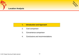 © 2011 Dragon Sourcing. All rights reserved.
Location Analysis
1.  Introduction and Approach
2.  Cost comparison
3.  Convenience comparison
4.  Conclusions and recommendations
12
 