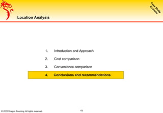 © 2011 Dragon Sourcing. All rights reserved.
Location Analysis
1.  Introduction and Approach
2.  Cost comparison
3.  Convenience comparison
4.  Conclusions and recommendations
43
 