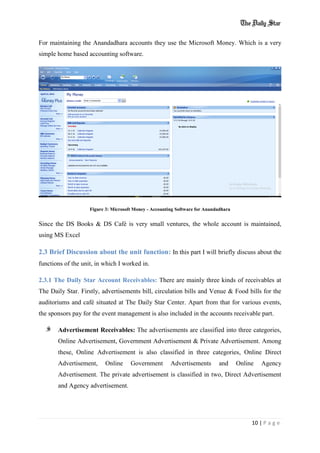 10 | P a g e
For maintaining the Anandadhara accounts they use the Microsoft Money. Which is a very
simple home based accounting software.
Figure 3: Microsoft Money - Accounting Software for Anandadhara
Since the DS Books & DS Café is very small ventures, the whole account is maintained,
using MS Excel
2.3 Brief Discussion about the unit function: In this part I will briefly discuss about the
functions of the unit, in which I worked in.
2.3.1 The Daily Star Account Receivables: There are mainly three kinds of receivables at
The Daily Star. Firstly, advertisements bill, circulation bills and Venue & Food bills for the
auditoriums and café situated at The Daily Star Center. Apart from that for various events,
the sponsors pay for the event management is also included in the accounts receivable part.
Advertisement Receivables: The advertisements are classified into three categories,
Online Advertisement, Government Advertisement & Private Advertisement. Among
these, Online Advertisement is also classified in three categories, Online Direct
Advertisement, Online Government Advertisements and Online Agency
Advertisement. The private advertisement is classified in two, Direct Advertisement
and Agency advertisement.
 