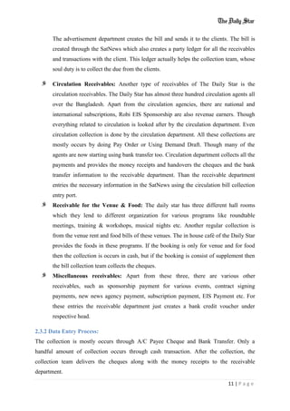 11 | P a g e
The advertisement department creates the bill and sends it to the clients. The bill is
created through the SatNews which also creates a party ledger for all the receivables
and transactions with the client. This ledger actually helps the collection team, whose
soul duty is to collect the due from the clients.
Circulation Receivables: Another type of receivables of The Daily Star is the
circulation receivables. The Daily Star has almost three hundred circulation agents all
over the Bangladesh. Apart from the circulation agencies, there are national and
international subscriptions, Robi EIS Sponsorship are also revenue earners. Though
everything related to circulation is looked after by the circulation department. Even
circulation collection is done by the circulation department. All these collections are
mostly occurs by doing Pay Order or Using Demand Draft. Though many of the
agents are now starting using bank transfer too. Circulation department collects all the
payments and provides the money receipts and handovers the cheques and the bank
transfer information to the receivable department. Than the receivable department
entries the necessary information in the SatNews using the circulation bill collection
entry port.
Receivable for the Venue & Food: The daily star has three different hall rooms
which they lend to different organization for various programs like roundtable
meetings, training & workshops, musical nights etc. Another regular collection is
from the venue rent and food bills of these venues. The in house café of the Daily Star
provides the foods in these programs. If the booking is only for venue and for food
then the collection is occurs in cash, but if the booking is consist of supplement then
the bill collection team collects the cheques.
Miscellaneous receivables: Apart from these three, there are various other
receivables, such as sponsorship payment for various events, contract signing
payments, new news agency payment, subscription payment, EIS Payment etc. For
these entries the receivable department just creates a bank credit voucher under
respective head.
2.3.2 Data Entry Process:
The collection is mostly occurs through A/C Payee Cheque and Bank Transfer. Only a
handful amount of collection occurs through cash transaction. After the collection, the
collection team delivers the cheques along with the money receipts to the receivable
department.
 