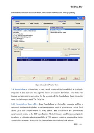 13 | P a g e
For the miscellaneous collection entries, they use the debit voucher entry [Figure 6]
Figure 6: Bank Credit Voucher Entry
2.4 Anandadhara: Anandadhara is a very small venture of Mediaworld Ltd, a fortnightly
magazine. It does not have any separate finance or accounts department. The Daily Star
finance and accounts is responsible for the accounts of the Anandadhara. Even it uses the
same circulation agencies of The Daily Star.
2.4.1 Anandadhara Receivables: Since Anandadhara is a fortnightly magazine and has a
very small number of circulations it really does not that much of advertisement. A few fixed
clients give their advertisements in every edition. The classification for Anandadhara
advertisement is same as the TDS classification. Most of the cases an office assistant goes to
the clients to collect the advertisement bills. A TDS accounts executive is responsible for the
Anandadhara accounts. He deposits the cheques in the Anandadhara bank account.
 