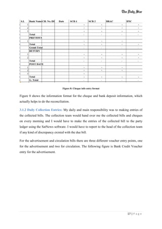 17 | P a g e
Figure 8: Cheque info entry format
Figure 8 shows the information format for the cheque and bank deposit information, which
actually helps to do the reconciliation.
3.1.2 Daily Collection Entries: My daily and main responsibility was to making entries of
the collected bills. The collection team would hand over me the collected bills and cheques
on every morning and I would have to make the entries of the collected bill to the party
ledger using the SatNews software. I would have to report to the head of the collection team
if any kind of discrepancy existed with the due bill.
For the advertisement and circulation bills there are three different voucher entry points, one
for the advertisement and two for circulation. The following figure is Bank Credit Voucher
entry for the advertisement.
 