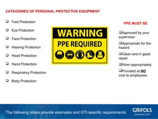 11
CATEGORIES OF PERSONAL PROTECTIVE EQUIPMENT
 Foot Protection
 Eye Protection
 Face Protection
 Hearing Protection
 Head Protection
 Hand Protection
 Respiratory Protection
 Body Protection
The following slides provide examples and GTI-specific requirements.
PPE MUST BE
Approved by your
supervisor
Appropriate for the
hazard
Clean and in good
repair
Worn appropriately
Provided at NO
cost to employees
 