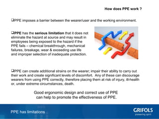 3
How does PPE work ?
PPE imposes a barrier between the wearer/user and the working environment.
PPE has the serious limitation that it does not
eliminate the hazard at source and may result in
employees being exposed to the hazard if the
PPE fails – chemical breakthrough, mechanical
failures, breakage, wear & exceeding use life
and improper selection of inadequate protection.
PPE can create additional strains on the wearer; impair their ability to carry out
their work and create significant levels of discomfort. Any of these can discourage
wearers from using PPE correctly, therefore placing them at risk of injury, ill-health
or, under extreme circumstances, death.
Good ergonomic design and correct use of PPE
can help to promote the effectiveness of PPE.
PPE has limitations
 