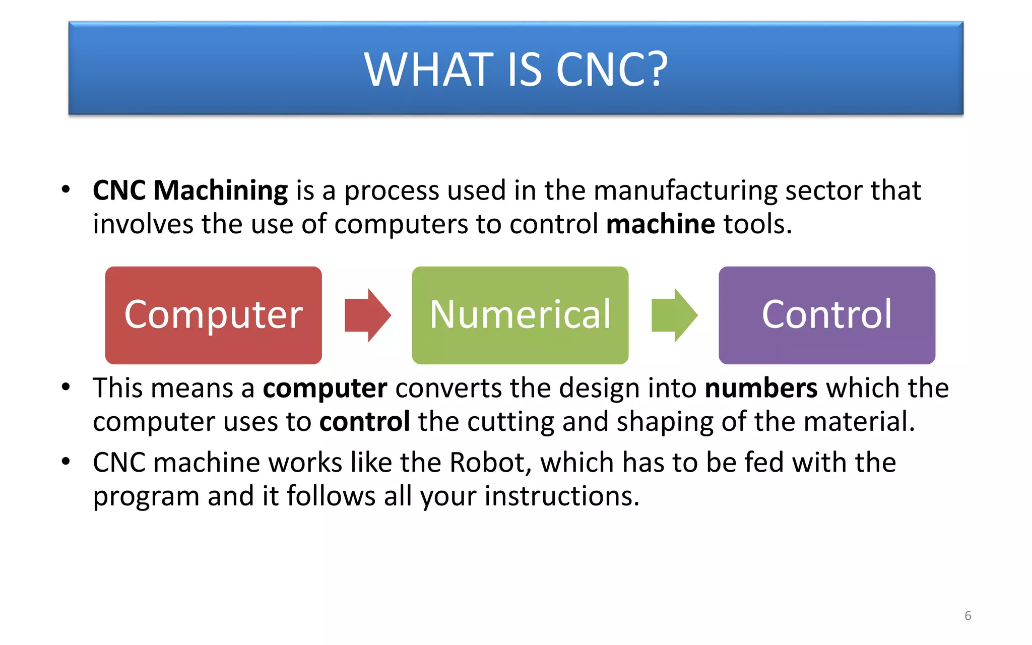 WHAT IS CNC?
• CNC Machining is a process used in the manufacturing sector that
involves the use of computers to control machine tools.
• This means a computer converts the design into numbers which the
computer uses to control the cutting and shaping of the material.
• CNC machine works like the Robot, which has to be fed with the
program and it follows all your instructions.
6
Computer Numerical Control
 