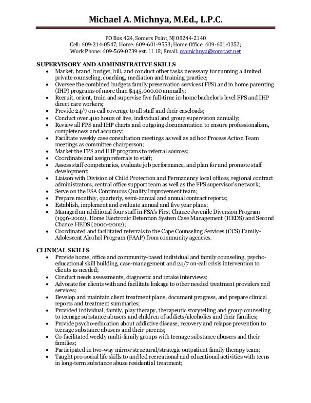 Resume Resume Examples For Licensed Professional Counselor resume manager michael a michnya m ed l p c po box 424