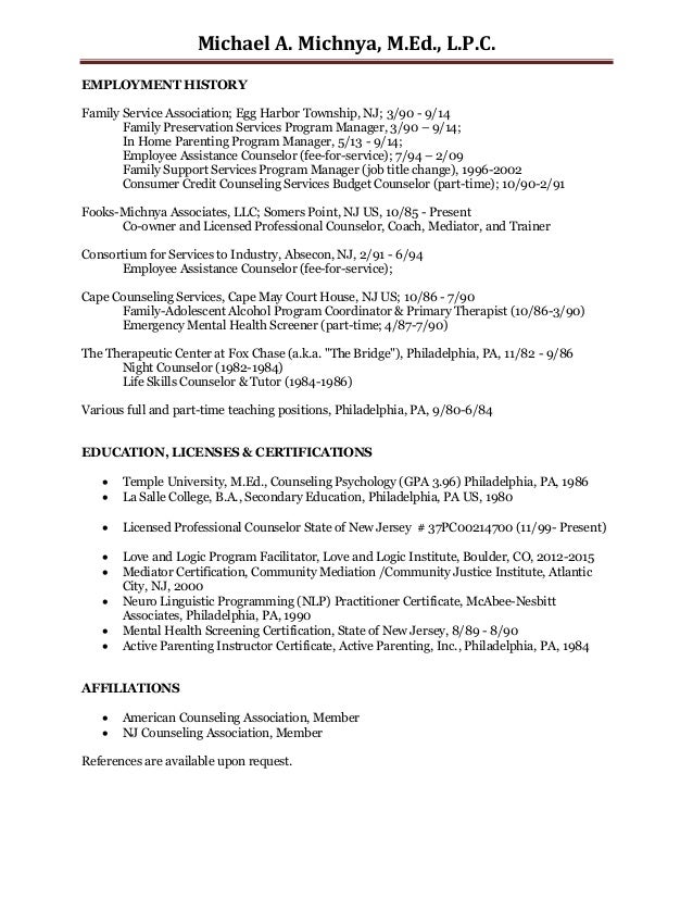 licensed professional counselor resumes