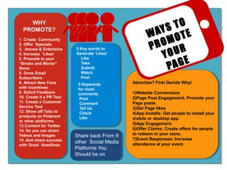 WHY
PROMOTE?
1. Create Community
2. Offer Specials
3. Amuse & Entertains
4. Increase ‘Likes’
10
5. Promote in your
“Bricks and Mortar”
9
Store
8
6. Grow Email
Subscribers
7
8. Attract New Fans
with Incentives
6
9. Solicit Feedback
10. Create it a PR Tool
5
11. Create a Customer
Service Tool
4
12. Show off Tabs to
3
products on Pinterest
or other platforms.
2
13.Content for Twitter
14. So you can share
1
Videos and Images
15. And share success
0
with Great Row 1
Headlines

5 Key words to
Generate ‘Likes’
Like
Take
Submit
Watch
Post
5 Keywords
for most
comments
Post
Comment
Tell Us
Check
Like

Share back From 8
other Social Media
Row 2
Platforms You
Should be on

TO
AY S T E
W
MO
PRO UR
YO
AGE
P
Advertise? First Decide Why!
1)Website Conversions
Column 1
2)Page Post Engagement: Promote your
Column 2
Page posts.
3)Get Page likes
4)App Installs: Get people to install your
mobile or desktop app.
5)App Engagement.
6)Offer Claims: Create offers for people
to redeem in your store.
7)Event Responses: Increase
Row 3 attendance at your 4
Row event.

 