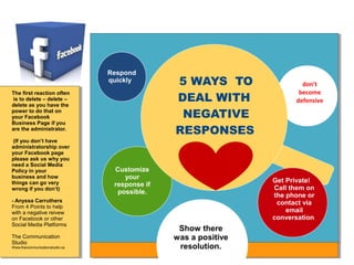 Respond
quickly
The first reaction often
is to delete – delete –
delete as you have the
power to do that on
your Facebook
Business Page if you
are the administrator.
(If you don’t have
administratorship over
your Facebook page
please ask us why you
need a Social Media
Policy in your
business and how
things can go very
wrong if you don’t)
- Anyssa Carruthers
From 4 Points to help
with a negative reivew
on Facebook or other
Social Media Platforms
The Communication
Studio
Www.thecommunicationstudio.ca

5 WAYS TO
DEAL WITH
NEGATIVE
RESPONSES

Customize
your
response if
possible.

don’t
become
defensive

Get Private!
Call them on
the phone or
contact via
email
conversation

Show there
was a positive
resolution.

 