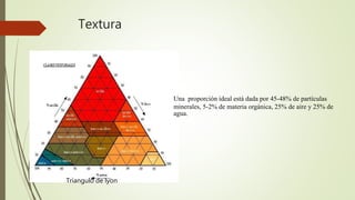 Textura
Triangulo de lyon
Una proporción ideal está dada por 45-48% de partículas
minerales, 5-2% de materia orgánica, 25% de aire y 25% de
agua.
 