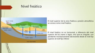 Nivel freático
El nivel superior de la zona freática a presión atmosférica
se conoce como nivel freático.
El nivel freático no es horizontal, a diferencia del nivel
superior de los mares o lagos, sino que es irregular, con
pendiente monótonamente decreciente desde el nivel fijo
superior al nivel fijo inferior
 