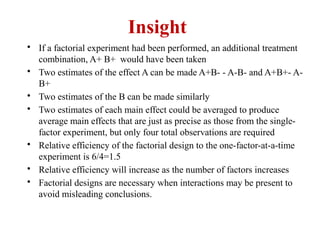 Insight
• If a factorial experiment had been performed, an additional treatment
combination, A+ B+ would have been taken
• Two estimates of the effect A can be made A+B- - A-B- and A+B+- A-
B+
• Two estimates of the B can be made similarly
• Two estimates of each main effect could be averaged to produce
average main effects that are just as precise as those from the single-
factor experiment, but only four total observations are required
• Relative efficiency of the factorial design to the one-factor-at-a-time
experiment is 6/4=1.5
• Relative efficiency will increase as the number of factors increases
• Factorial designs are necessary when interactions may be present to
avoid misleading conclusions.
 