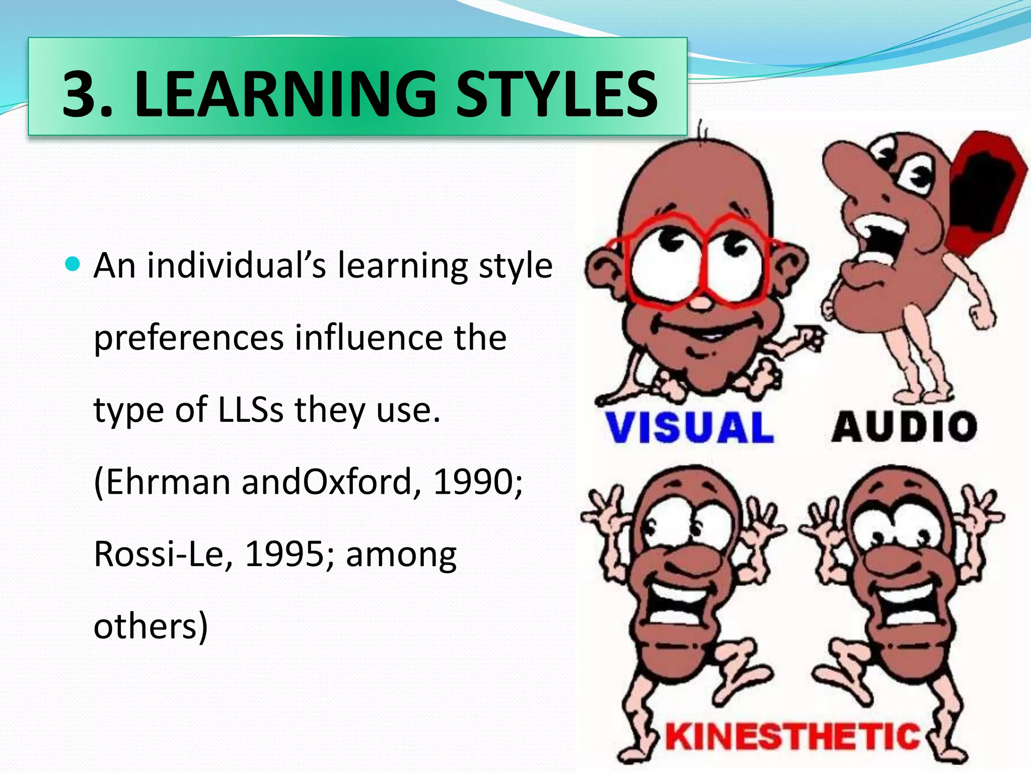 3. LEARNING STYLES 
 An individual’s learning style 
preferences influence the 
type of LLSs they use. 
(Ehrman andOxford, 1990; 
Rossi-Le, 1995; among 
others) 
 