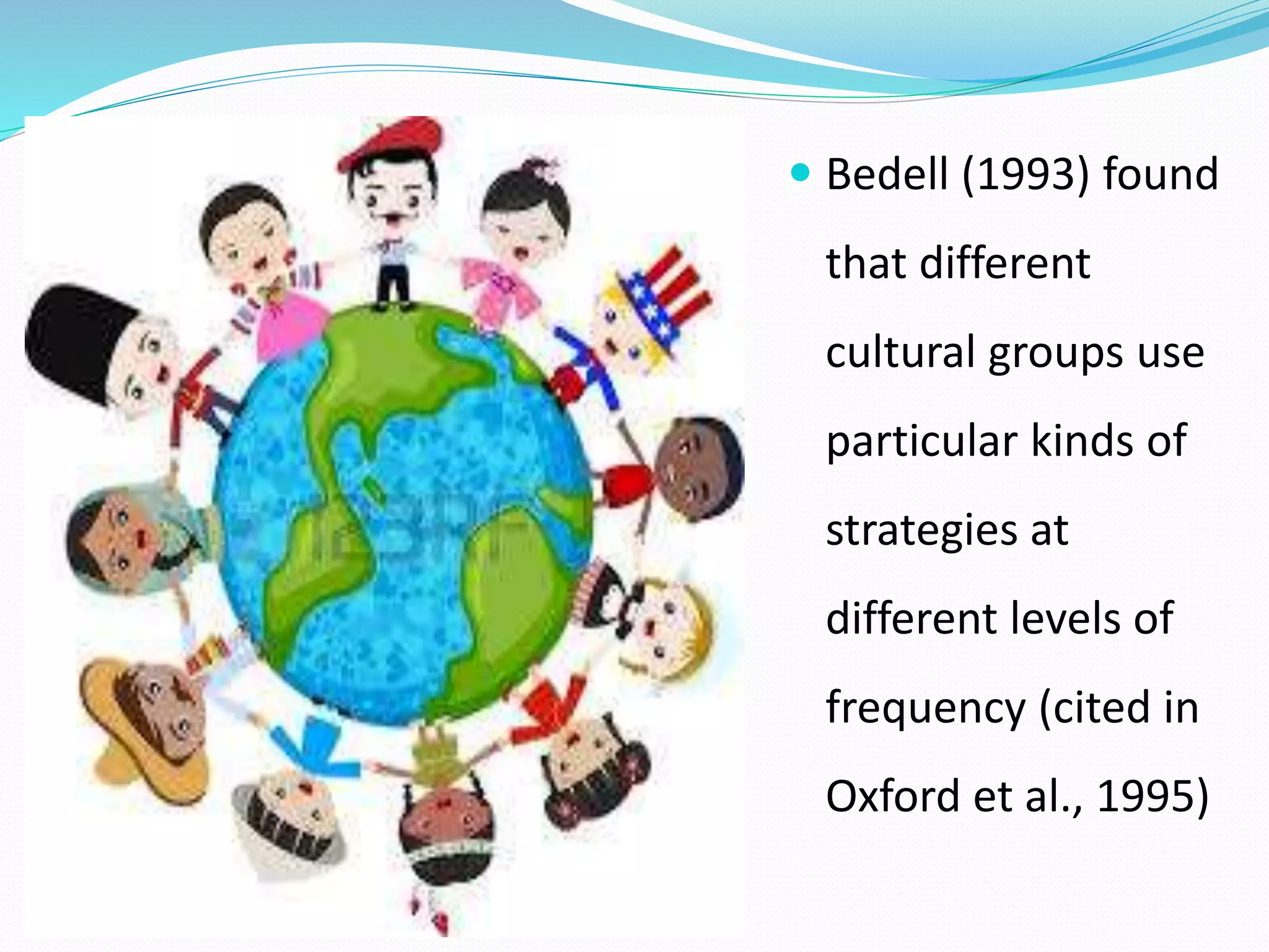  Bedell (1993) found 
that different 
cultural groups use 
particular kinds of 
strategies at 
different levels of 
frequency (cited in 
Oxford et al., 1995) 
 