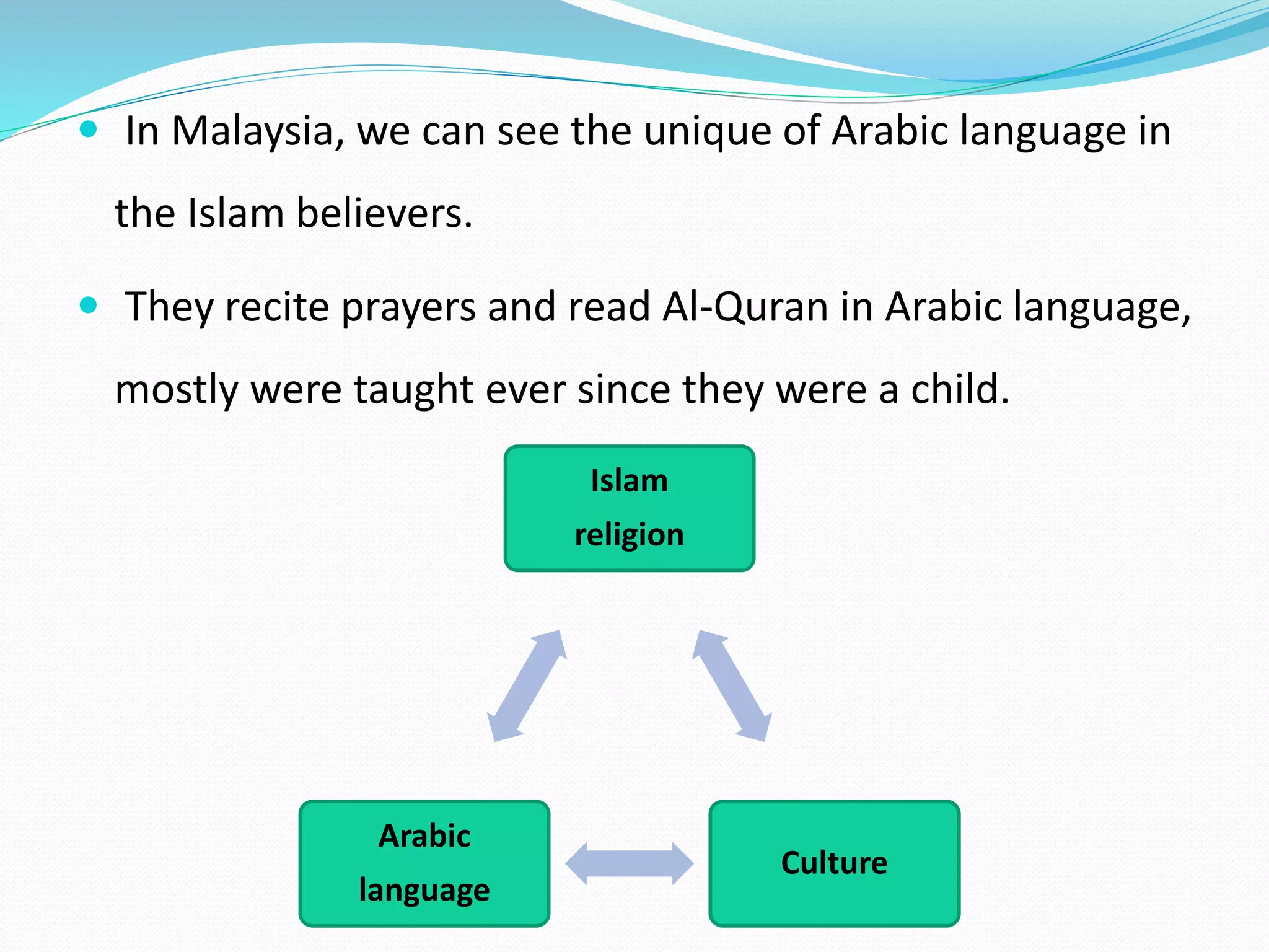  In Malaysia, we can see the unique of Arabic language in 
the Islam believers. 
 They recite prayers and read Al-Quran in Arabic language, 
mostly were taught ever since they were a child. 
Islam 
religion 
Culture 
Arabic 
language 
 