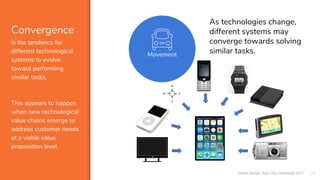 Convergence
is the tendency for
different technological
systems to evolve
toward performing
similar tasks.
This appears to...