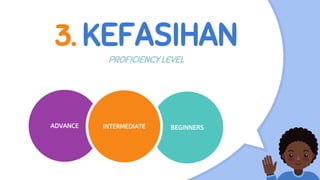3. KEFASIHAN
PROFICIENCY LEVEL
ADVANCE BEGINNERSINTERMEDIATE
 