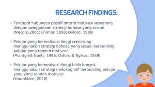 RESEARCH FINDINGS:
× Terdapat hubungan positif antara motivasi seseorang
dengan penggunaan strategi bahasa yang sesuai.
(Macaro,2001; Ehrman,1990; Oxford, 1989)
× Pelajar yang bermotivasi tinggi cenderung
menggunakan strategi bahasa yang sesuai berbanding
pelajar yang rendah motivasi.
(McIntyre& Noels, 1996; Oxford & Nyikos, 1989)
× Pelajar yang bermotivasi tinggi lebih banyak
menggunakan strategi metakognitif berbanding pelajar
yang yang rendah motivasi.
(Khamkhien, 2010)
 