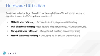 Can it take full advantage of modern hardware platforms? Or will you be leaving a
signiﬁcant amount of CPU cycles underutilized?
+ CPU utilization / eﬃciency — Process distribution; single- or multi-threading
+ RAM utilization / eﬃciency — read path and write path; caching; [JVM, heap tuning, etc.]
+ Storage utilization / eﬃciency — storage format, mutability, concurrency, tiering
+ Network utilization / eﬃciency — client/server vs. intra-cluster communications
Hardware Utilization
 