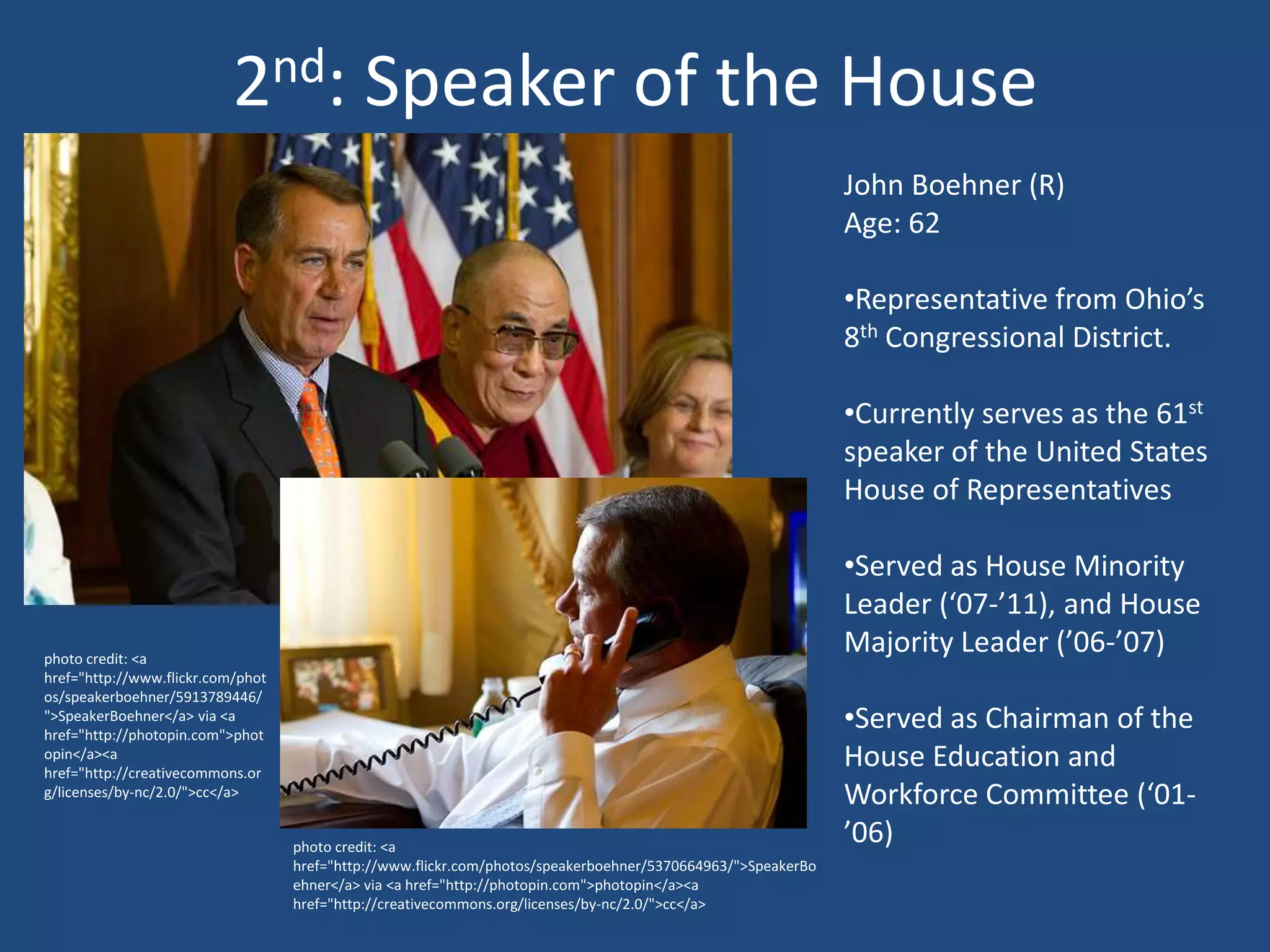 2nd: Speaker of the House
                                                                                                              John Boehner (R)
                                                                                                              Age: 62

                                                                                                              •Representative from Ohio’s
                                                                                                              8th Congressional District.

                                                                                                              •Currently serves as the 61st
                                                                                                              speaker of the United States
                                                                                                              House of Representatives

                                                                                                              •Served as House Minority
                                                                                                              Leader (‘07-’11), and House
photo credit: <a
                                                                                                              Majority Leader (’06-’07)
href="http://www.flickr.com/phot
os/speakerboehner/5913789446/
">SpeakerBoehner</a> via <a
href="http://photopin.com">phot
                                                                                                              •Served as Chairman of the
opin</a><a
href="http://creativecommons.or
                                                                                                              House Education and
g/licenses/by-nc/2.0/">cc</a>                                                                                 Workforce Committee (‘01-
                                   photo credit: <a
                                                                                                              ’06)
                                   href="http://www.flickr.com/photos/speakerboehner/5370664963/">SpeakerBo
                                   ehner</a> via <a href="http://photopin.com">photopin</a><a
                                   href="http://creativecommons.org/licenses/by-nc/2.0/">cc</a>
 