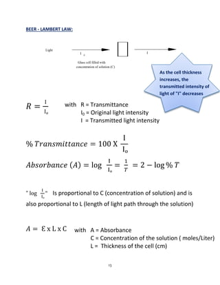 13
BEER - LAMBERT LAW:
( )
" Is proportional to C (concentration of solution) and is
also proportional to L (length of light path through the solution)
with R = Transmittance
I0 = Original light intensity
I = Transmitted light intensity
with A = Absorbance
C = Concentration of the solution ( moles/Liter)
L = Thickness of the cell (cm)
As the cell thickness
increases, the
transmitted intensity of
light of "I" decreases
 