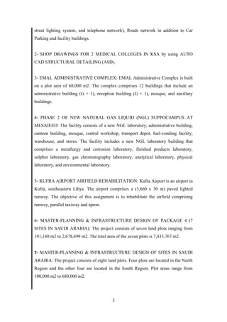 3
street lighting system, and telephone network), Roads network in addition to Car
Parking and facility buildings.
2- SHOP DRAWINGS FOR 2 MEDICAL COLLEGES IN KSA by using AUTO
CAD STRUCTURAL DETAILING (ASD).
3- EMAL ADMINISTRATIVE COMPLEX: EMAL Administrative Complex is built
on a plot area of 68,000 m2. The complex comprises 12 buildings that include an
administrative building (G + 1), reception building (G + 1), mosque, and ancillary
buildings.
4- PHASE 2 OF NEW NATURAL GAS LIQUID (NGL) SUPPOCAMPUS AT
MESAIEED: The facility consists of a new NGL laboratory, administrative building,
canteen building, mosque, central workshop, transport depot, fuel-vending facility,
warehouse, and stores. The facility includes a new NGL laboratory building that
comprises a metallurgy and corrosion laboratory, finished products laboratory,
sulphur laboratory, gas chromatography laboratory, analytical laboratory, physical
laboratory, and environmental laboratory.
5- KUFRA AIRPORT AIRFIELD REHABILITATION: Kufra Airport is an airport in
Kufra, southeastern Libya. The airport comprises a (3,660 x 30 m) paved lighted
runway. The objective of this assignment is to rehabilitate the airfield comprising
runway, parallel taxiway and apron.
6- MASTER-PLANNING & INFRASTRUCTURE DESIGN OF PACKAGE 4 (7
SITES IN SAUDI ARABIA): The project consists of seven land plots ranging from
191,140 m2 to 2,678,499 m2. The total area of the seven plots is 7,433,767 m2.
7- MASTER-PLANNING & INFRASTRUCTURE DESIGN OF SITES IN SAUDI
ARABIA: The project consists of eight land plots. Four plots are located in the North
Region and the other four are located in the South Region. Plot areas range from
100,000 m2 to 680,000 m2.
 