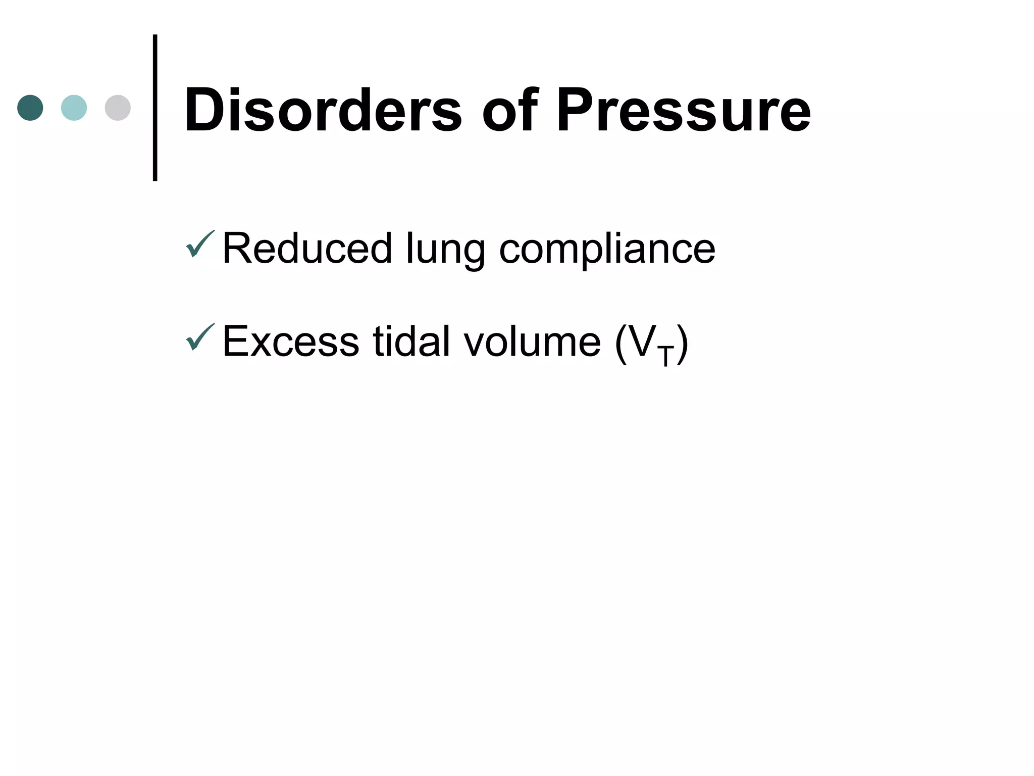 Disorders of Pressure
Reduced lung compliance
Excess tidal volume (VT)
 