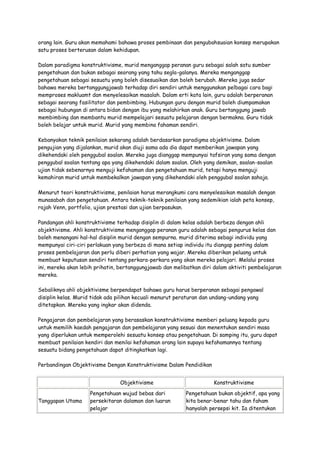 orang lain. Guru akan memahami bahawa proses pembinaan dan pengubahsuaian konsep merupakan
satu proses berterusan dalam kehidupan.
Dalam paradigma konstruktivisme, murid menganggap peranan guru sebagai salah satu sumber
pengetahuan dan bukan sebagai seorang yang tahu segla-galanya. Mereka menganggap
pengetahuan sebagai sesuatu yang boleh disesuaikan dan boleh berubah. Mereka juga sedar
bahawa mereka bertanggungjawab terhadap diri sendiri untuk menggunakan pelbagai cara bagi
memproses makluamt dan menyelesaikan masalah. Dalam erti kata lain, guru adalah berperanan
sebagai seorang fasilitator dan pembimbing. Hubungan guru dengan murid boleh diumpamakan
sebagai hubungan di antara bidan dengan ibu yang melahirkan anak. Guru bertanggung jawab
membimbing dan membantu murid mempelajari sesuatu pelajaran dengan bermakna. Guru tidak
boleh belajar untuk murid. Murid yang membina fahaman sendiri.
Kebanyakan teknik penilaian sekarang adalah berdasarkan paradigma objektivisme. Dalam
pengujian yang dijalankan, murid akan diuji sama ada dia dapat memberikan jawapan yang
dikehendaki oleh penggubal soalan. Mereka juga dianggap mempunyai tafsiran yang sama dengan
penggubal soalan tentang apa yang dikehendaki dalam soalan. Oleh yang demikan, soalan-soalan
ujian tidak sebenarnya menguji kefahaman dan pengetahuan murid, tetapi hanya menguji
kemahiran murid untuk membekalkan jawapan yang dikehendaki oleh penggubal soalan sahaja.
Menurut teori konstruktivisme, penilaian harus merangkumi cara menyelesaikan masalah dengan
munasabah dan pengetahuan. Antara teknik-teknik penilaian yang sedemikian ialah peta konsep,
rajah Venn, portfolio, ujian prestasi dan ujian berpasukan.
Pandangan ahli konstruktivisme terhadap disiplin di dalam kelas adalah berbeza dengan ahli
objektivisme. Ahli konstruktivisme menganggap peranan guru adalah sebagai pengurus kelas dan
boleh menangani hal-hal disiplin murid dengan sempurna. murid diterima sebagi individu yang
mempunyai ciri-ciri perlakuan yang berbeza di mana setiap individu itu diangap penting dalam
proses pembelajaran dan perlu diberi perhatian yang wajar. Mereka diberikan peluang untuk
membuat keputusan sendiri tentang perkara-perkara yang akan mereka pelajari. Melalui proses
ini, mereka akan lebih prihatin, bertanggungjawab dan melibatkan diri dalam aktiviti pembelajaran
mereka.
Sebaliknya ahli objektivisme berpendapat bahawa guru harus berperanan sebagai pengawal
disiplin kelas. Murid tidak ada pilihan kecuali menurut peraturan dan undang-undang yang
ditetapkan. Mereka yang ingkar akan didenda.
Pengajaran dan pembelajaran yang berasaskan konstruktivisme memberi peluang kepada guru
untuk memilih kaedah pengajaran dan pembelajaran yang sesuai dan menentukan sendiri masa
yang diperlukan untuk memperolehi sesuatu konsep atau pengetahuan. Di samping itu, guru dapat
membuat penilaian kendiri dan menilai kefahaman orang lain supaya kefahamannya tentang
sesuatu bidang pengetahuan dapat ditingkatkan lagi.
Perbandingan Objektivisme Dengan Konstruktivisme Dalam Pendidikan
Objektivisme Konstruktivisme
Tanggapan Utama
Pengetahuan wujud bebas dari
persekitaran dalaman dan luaran
pelajar
Pengetahuan bukan objektif, apa yang
kita benar-benar tahu dan faham
hanyalah persepsi kit. Ia ditentukan
 