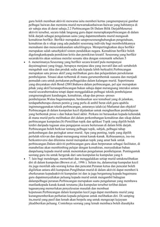 guru boleh membuat aktiviti mewarna iaitu memberi kertas yangmempunyai gambar
pelbagai haiwan dan meminta murid mewarnakanhaiwan-haiwan yang habitatnya di
air sahaja atau di darat sahaja.2.2 Perbincangan Di Dalam Bilik DarjahMenerusi
aktiviti tersebut, secara tidak langsung guru dapat menerapkanperbincangan di dalam
bilik darjah sebagai pengalaman sains yang dapatmembantu murid mengasah
kemahiran berfikir. Berfikir merupakan satuprosesmenghubungkan pengetahuan,
kemahiran da n sikap yang ada padadiri seseorang individu bagi membolehkannya
memahami dan mencorakkanalam sekelilingnya. Mempertingkatkan daya berfikir
merupakan salah satuobjektif sistem pendidikan negara. Kemahiran berfikir boleh
digolongkankepada pemikiran kritis dan pemikiran kreatif. Seseorang yang berfikir
secarakritis akan sentiasa menilai sesuatu idea dengan sistematik sebelum 5
6. menerimanya.Seseorang yang berfikir secara kreatif pula mempunyai
dayaimaginasi yang tinggi, berupaya menjana idea yang inovatif dan asli sertaboleh
mengubah suai idea dan produk sedia ada kepada lebih berkualiti.Perbincangan
merupakan satu proses aktif yang melibatkan guru dan pelajardalam persekitaran
pembelajaran. Situasi akan terbentuk di mana gurumembentuk suasana dan menjadi
pemudah cara untuk pertukaran pelbagaiidea dalam kalangan murid. Sepertimana
yang dinyatakan oleh Bond (2001)bahawa dalam perbincangan, pel ajar merupakan
pihak yang aktif keranaperbincangan bukan sahaja dapat merangsang interaksi antara
murid secarabermakna tetapi dapat menggalakkan pelbagai teknik pembelajaran
yangmerangkumi kandungan, kemahiran, sikap dan proses -proses
pembelajaran.Walau bagaimanapun, berdasarkan sesi temubual yang di jalankan,
terdapatbeberapa elemen pentin g yang perlu di ambil berat oleh guru apabila
inginmenggunakan teknik perbincangan, antaranya ialah:(a) Matlamat dan objektif
Perbincangan di dalam kumpulan kecil dijalankan untuk menghasilkan pembelajaran
yang berbentuk prose s dan bukan hasil akhir. Perkara ini berasaskan kepada kehendak
di mana murid perlu melibatkan diri dalam perkembangan kemahiran dan sikap dalam
perbincangan kumpulan.(b) Pemilihan topik dan aplikasi Topik yang dipilih boleh
terdiri daripada tugasan atau pengajaran secara berterusan di dalam bilik darjah.
Perbincangan boleh berkisar tentang pelbagai topik, subjek, pelbagai tahap
perkembangan dan peringkat umur murid. Apa yang penting, topik yang dipilih
perlulah relevan dan dapat merangsang minat kanak-kanak. Kebiasaannya, isu-isu
berkontroversi dan dilemma moral merupakan topik yang amat baik untuk
perbincangan.Dalam aktiviti perbincangan guru akan berperanan sebagai fasilitator, di
manabeliau akan membimbing pelajar dengan kemahiran, menyediakan bahan
danpeluang kepada murid untuk menentukan pengalaman pembelajaran. Pentinguntuk
seorang guru itu untuk bergerak dari satu kumpulan ke kumpulan yang 6
7. lain bagi mendengar, memerhati dan menggalakkan setiap murid untukmelibatkan
diri di dalam kumpulan (Brown et al., 1996 ). Selain itu, dalamsetiap kumpulan kecil
itu juga mestilah ada seorang ketua dan pencatat.Peranan ketua dan pencatat boleh
digilirkan antara ahli kumpulan.Penglibatan murid di dalam aktiviti dapat memberi k
eberkesanan kepadaaktiviti kumpulan ini dan ia juga bergantung kepada bagaimana
guru dapatmenyediakan peluang kepada murid untuk mengambil bahagian
dalampelbagai peranan.Perbincangan merupakan suatu pengalaman yang membawa
manfaatkepada kanak-kanak terutama jika kumpulan tersebut terlibat dalam
tugasanyang memerlukan penyelesaian masalah dan membuat
keputusan.Perbincangan dalam kumpulan kecil juga dapat membantu murid yang
kurangmemberikan perhatian kepada pelajaran untuk melibatkan diri. Di samping
itu,murid yang pasif dan lemah akan berpelu ang untuk mengecapi kejayaan
jikadiberikan peluang. Contohnya seorang yang lemah membaca boleh diasahjika
 
