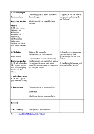 3.Perkembangan
Penjanaan Idea
Indikator Amalan
Menilai
3.2.2 menyatakan
kekuatan dan
kelemahan ,
kebaikan dan
keburukan,
kelebihan dan
kekurangan
berdasarkan bukti
atau alasan tertentu
Guru mengedarkan papan putih kecil
dan maker pen
Murid menncirikan model haiwan
tersebut
1. Nyatakan ciri-ciri haiwan
yang dapat melindungi diri
dari bahaya ?
4. Tindakan
Pelaksanaan
Indikator Amalan
4.1.1 Menghuraikan
idea kepada butiran
atau bahagian yang
lebih kecil dan
khusus
Amalan Berterusan
4.2.1 Peka kepada
perkara di sekeliling
Setiap wakil kumpulan
membentangkan hasil dapatan
Guru membuat ulasan untuk setiap
pembentangan dan mencirikan semula
ciri-ciri yang terdapat pada setiap
model haiwan dalam mempertahankan
diri daripada musuh.
1.Apakah pengetahuan baru
yang anda dapat dari
penbentangan rakan-rakan
anda?
2. Adakah anda berpuas hati
dengan hasil kerja anda ?
5. Pentaksiran Guru mengedarkan lembaran kerja
Lampiran 1
Murid menyiapkan lembaran kerja
Refleksi
Nilai dan sikap Bekerjasama, bertolak ansur
Posted by ZARISHAM ZAKARIA at 01:02
 