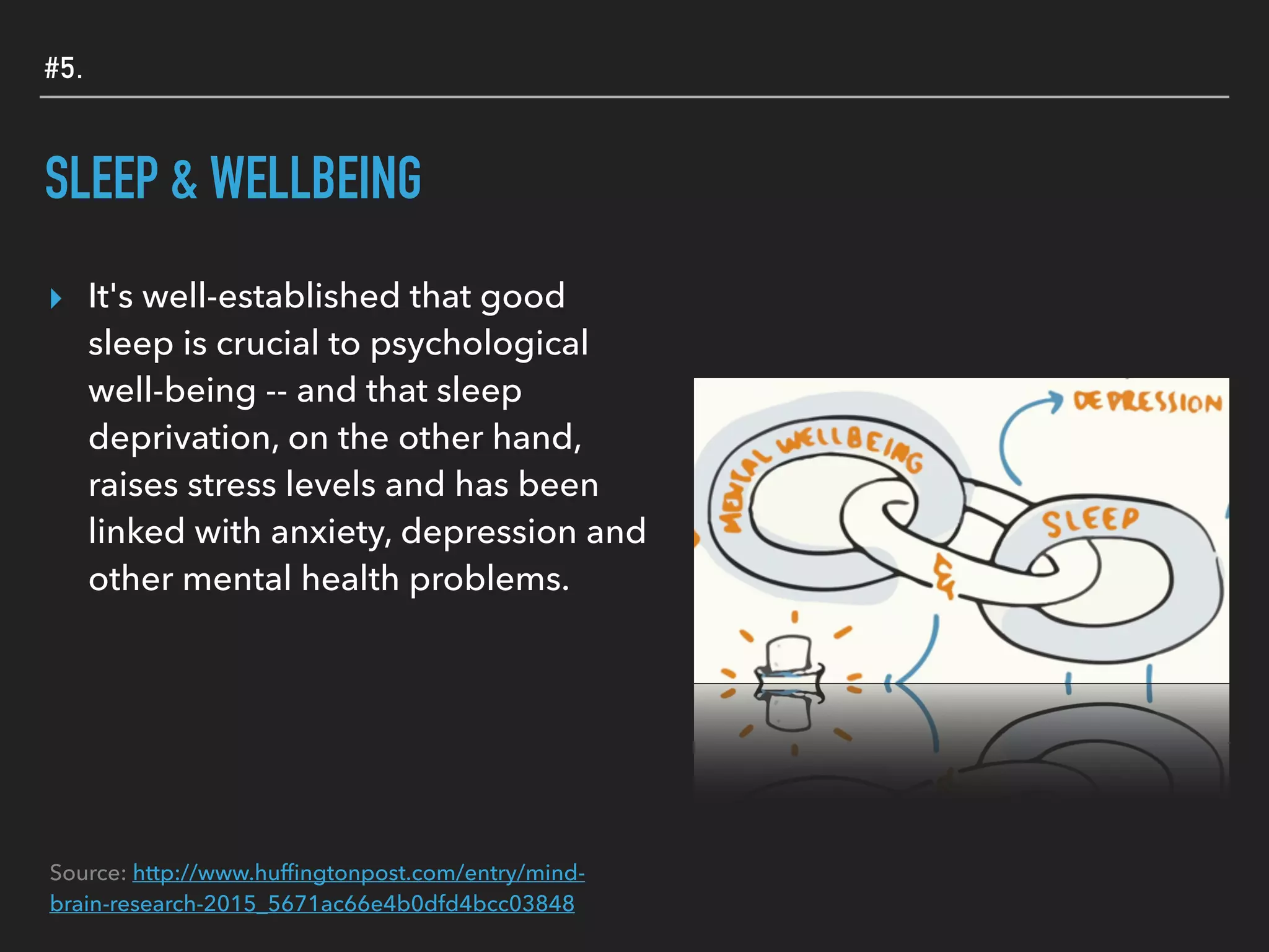 #5.
SLEEP & WELLBEING
▸ It's well-established that good
sleep is crucial to psychological
well-being -- and that sleep
deprivation, on the other hand,
raises stress levels and has been
linked with anxiety, depression and
other mental health problems.
Source: http://www.hufﬁngtonpost.com/entry/mind-
brain-research-2015_5671ac66e4b0dfd4bcc03848
 