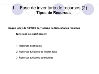 1. Fase de inventario de recursos (2)
Tipos de Recursos

Según la ley de 13/2002 de Turismo de Cataluña los recursos
turísticos se clasifican en:

1. Recursos esenciales
2. Recursos turísticos de interés local
3. Recursos turísticos potenciales

 