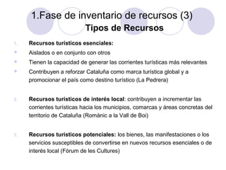 1.Fase de inventario de recursos (3)
Tipos de Recursos
1.

Recursos turísticos esenciales:



Aislados o en conjunto con otros



Tienen la capacidad de generar las corrientes turísticas más relevantes



Contribuyen a reforzar Cataluña como marca turística global y a
promocionar el país como destino turístico (La Pedrera)

2.

Recursos turísticos de interés local: contribuyen a incrementar las
corrientes turísticas hacia los municipios, comarcas y áreas concretas del
territorio de Cataluña (Romànic a la Vall de Boi)

3.

Recursos turísticos potenciales: los bienes, las manifestaciones o los
servicios susceptibles de convertirse en nuevos recursos esenciales o de
interés local (Fòrum de les Cultures)

 
