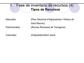 1. Fase de inventario de recursos (4)
Tipos de Recursos
Naturales

(Parc Nacional d’Aigüestortes i Estany de
Sant Maurici)

Patrimoniales

(Ruïnes Romanes de Tarragona)

Culturales

(Calçotades/Sant Joan)

 