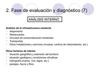 2. Fase de evaluación y diagnóstico (7)
ANÁLISIS INTERNO
Análisis de la infraestructura existente
 Alojamiento
 Restaurantes
 Circuitos de comercialización existentes
 Transportes
 Otras instalaciones y servicios (museos, centros de interpretación, etc.)
Otros factores de interés:
 situación geográfica y extensión del territorio
 situación geológica y condiciones climáticas
 hidrografía (mares, ríos, lagos, etc.)
 paisajes, fauna y flora

 