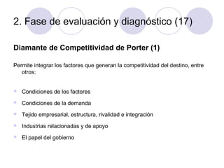 2. Fase de evaluación y diagnóstico (17)
Diamante de Competitividad de Porter (1)
Permite integrar los factores que generan la competitividad del destino, entre
otros:


Condiciones de los factores



Condiciones de la demanda



Tejido empresarial, estructura, rivalidad e integración



Industrias relacionadas y de apoyo



El papel del gobierno

 