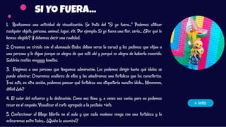 sI YO FUERA...
+ info
1. Realizamos una actividad de visualización. Se trata del "Si yo fuera..." Podemos utilizar
cualquier objeto, persona, animal, lugar, etc. Por ejemplo: Si yo fuera una flor, sería... ¿Por qué lo
hemos elegido? Y debemos decir una cualidad.
2. Creamos un círculo con el alumnado (todos deben verse la caras) y les pedimos que elijan a
una persona y le digan porque se alegra de que esté ahí y porqué se alegra de haberla conocido.
Saldrán cositas muyyyy bonitas.
3. Elegimos a una persona que tengamos admiración. Los podemos dirigir hacia qué ídolos se
puede admirar. Crearemos avatares de ellos y les añadiremos una fortaleza que los caracteriza.
Tras esto, en otra sesión, podemos pensar qué fortaleza nos etiquetaría nuestro ídolo... Mmmmm,
difícil ¿eh?
4. El valor del esfuerzo y la dedicación. Como nos llena y, a veces nos vacía; pero no podemos
cesar en el empeño. Visualizar el corto agregado a la pestaña +info.
5. Confeccionar al Mago Merlín en el aula y que cada mañana venga con una fortaleza y la
exlicaremos entre todos... ¿Quién la asumirá?
 