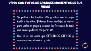 VÍDEO CON FOTOS DE GRANDES MOMENTOS DE SUS
VIDAS
Se pedirá a las familias fotos y vídeos que les haga
iusión a los niños. Podemos hacer montajes de vídeos
para verlos en grupo y trabajar las fortalezas de cada
uno, cuáles podemos compartir, etc.
Que no se nos olvide que SEGUIMOS SIENDO y
somos capaces de mucho y más.
 